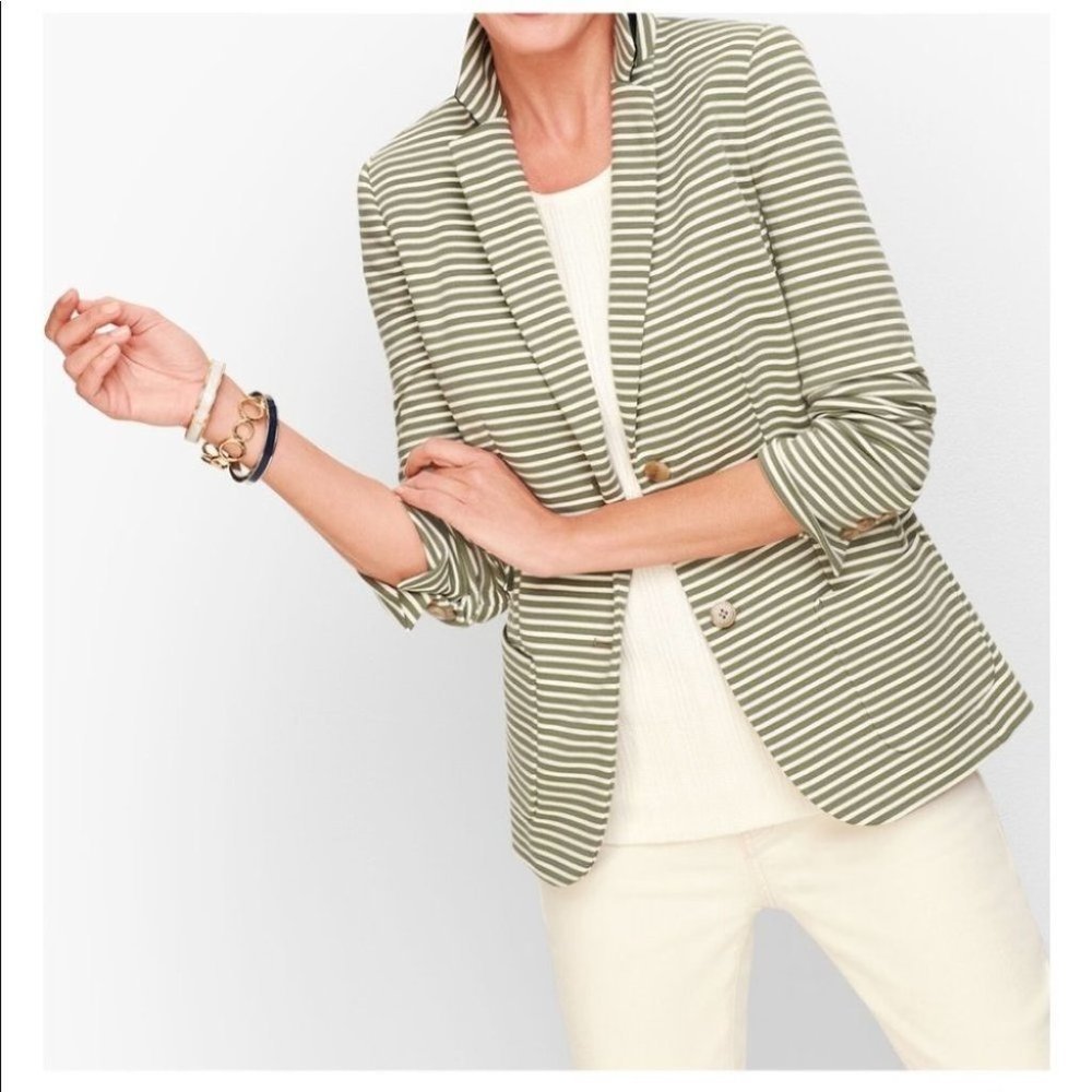TALBOTS Aberdeen blazer in a textural piqué green stripe knit career event sz 12